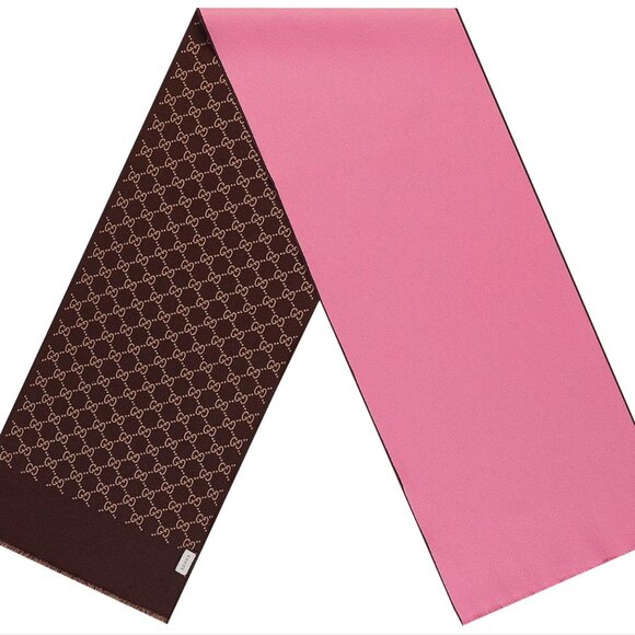 GUCCI SCARF REVERSIBLE PINK GG MONOGRAM LOGO WOOL SILK 71" - Picture 3 of 16